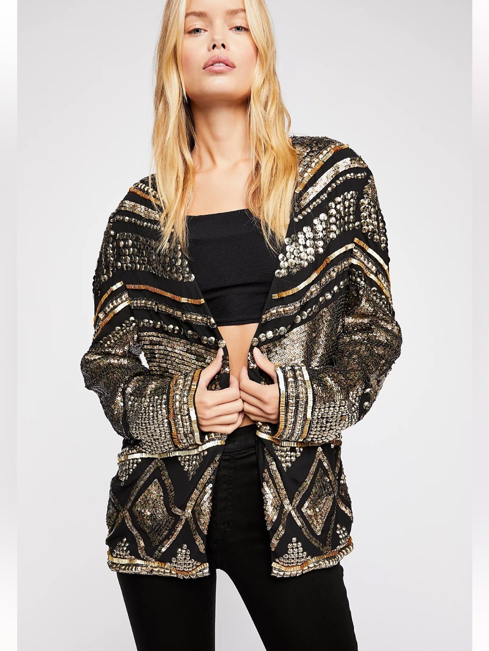 RARE NEW Free People Black Gold Silversun Blazer Jacket Long Sequin Sequined L